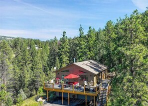 Een chalet met terras, omringd door dicht bos.