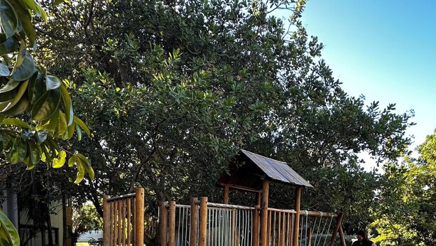 Una estructura de juego de madera con un tobogán y una zona de escalada, rodeada de césped y árboles.