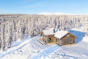 A wooden cabin with a snow-covered roof, surrounded by a dense forest.