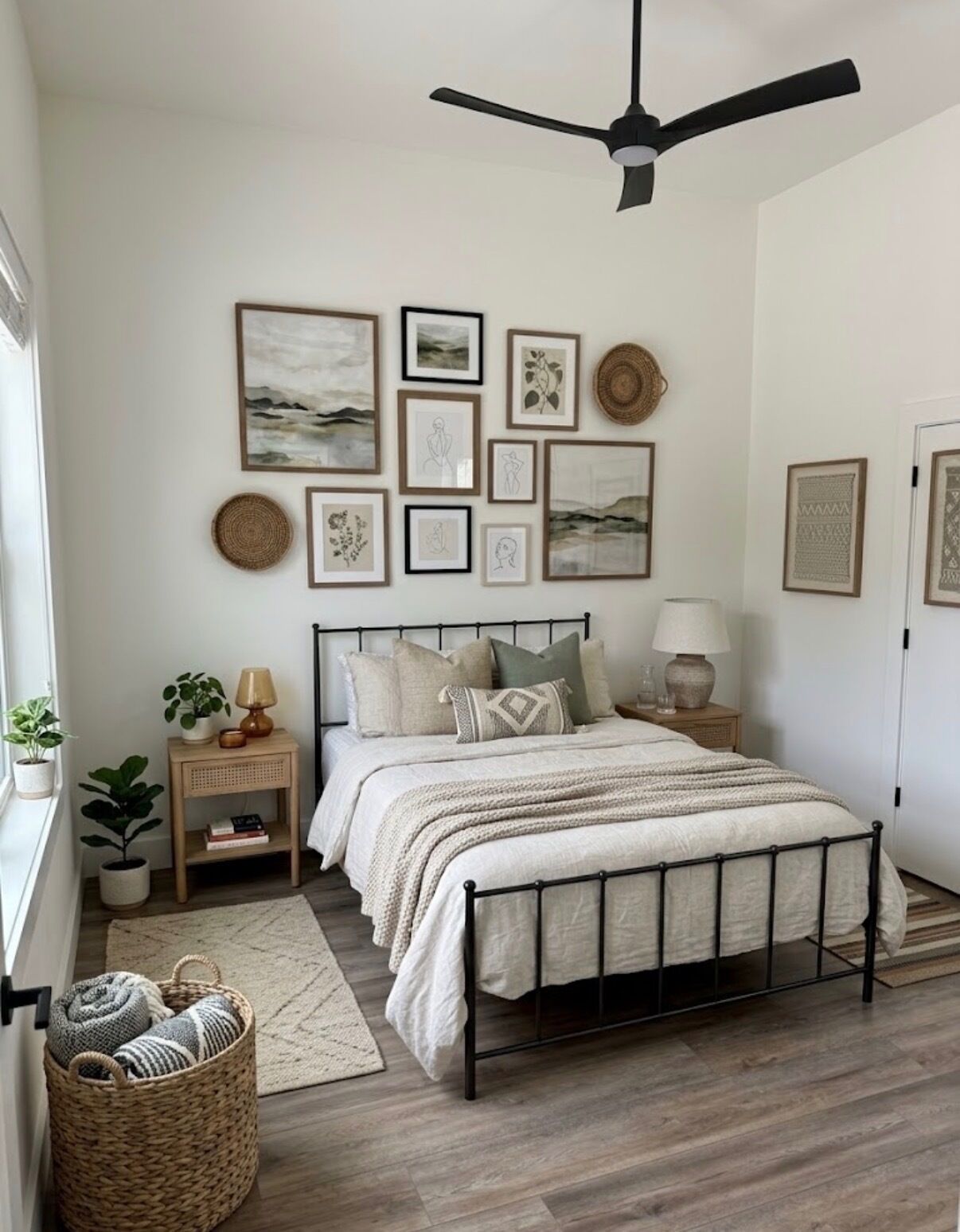 A bedroom with a bed, bedside tables, a ceiling fan, and wall art.