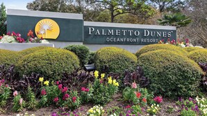 En skylt för Palmetto Dunes Oceanfront Resort, med en logotyp, omgiven av välskötta blomsterrabatter och välklippta häckar.
