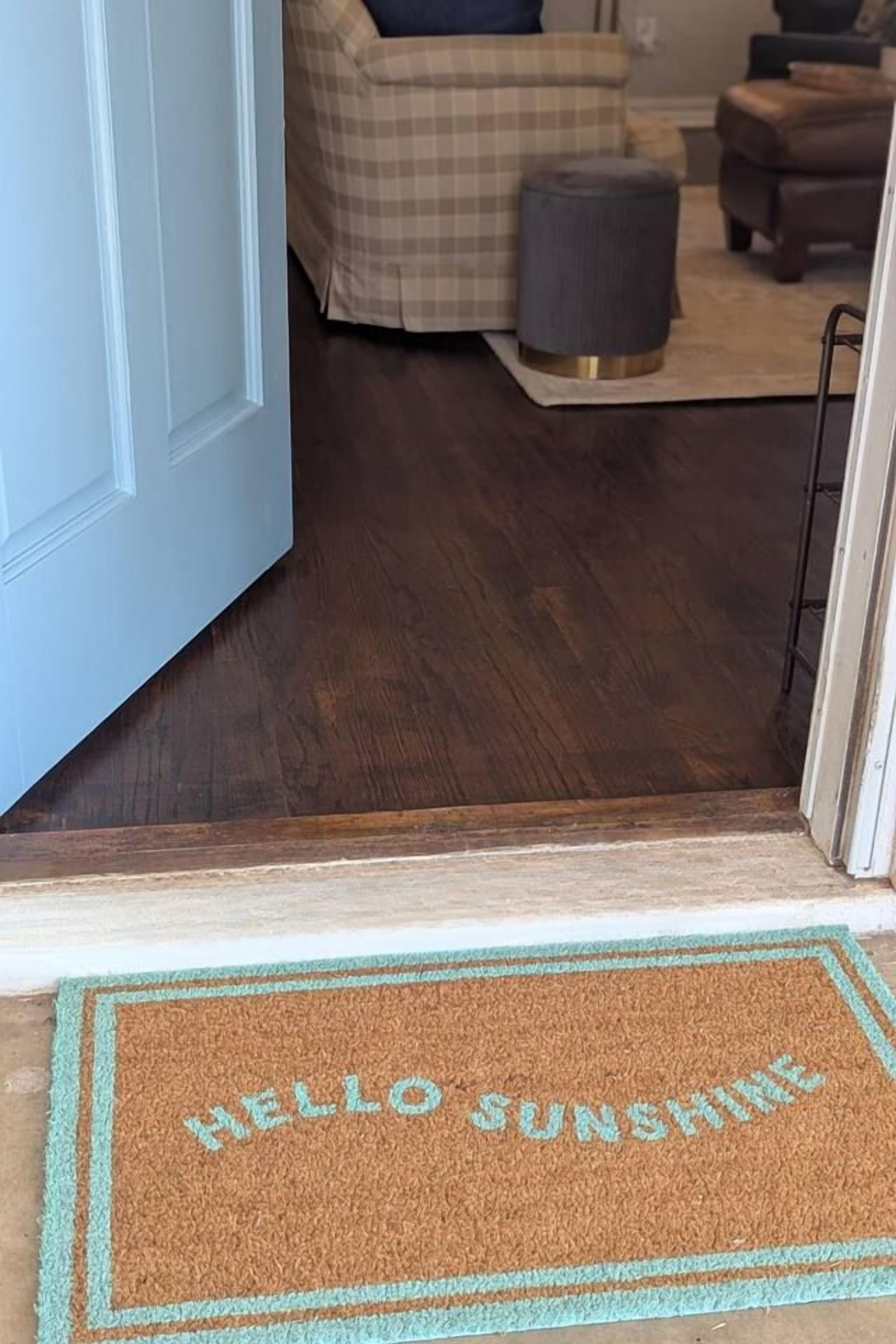 A door with a doormat that reads 'HELLO SUNSHINE.'
