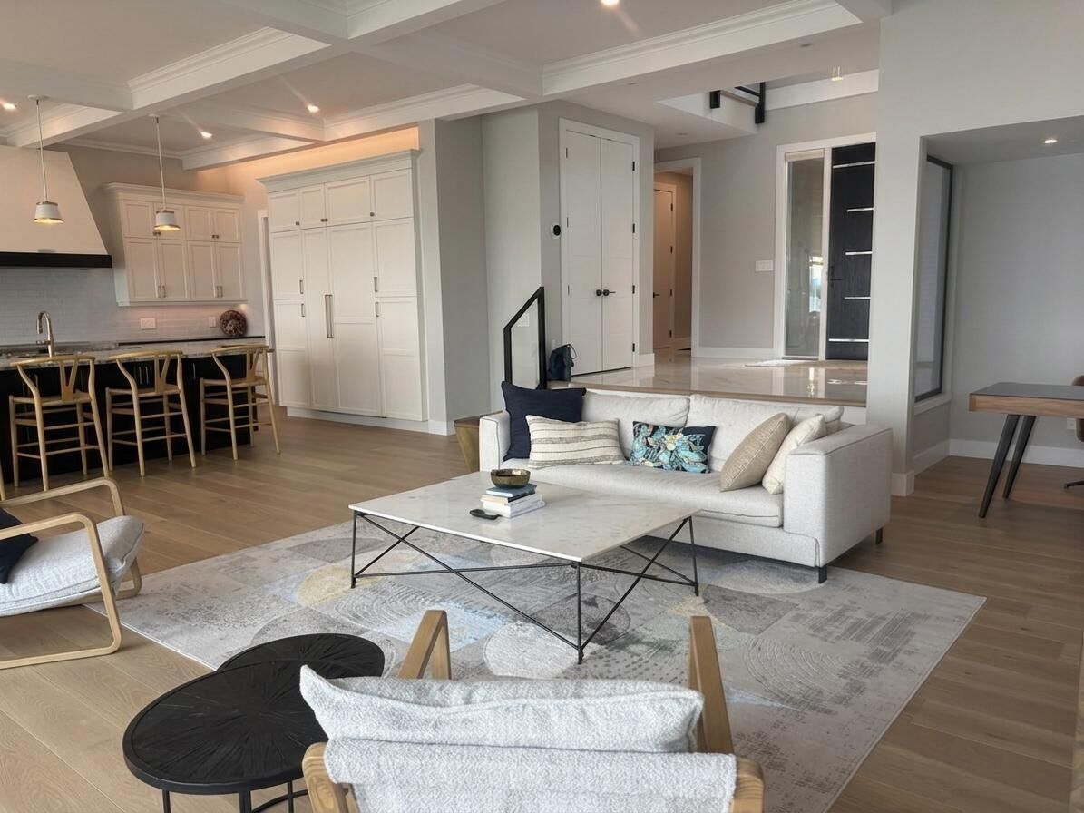 Un salon moderne avec un canapé, une table basse et des fauteuils. Il y a également un coin cuisine avec des placards et un espace repas.