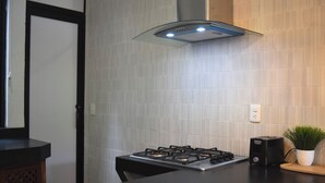 Una cocina con estufa a gas, extractor moderno, planta en maceta y encimera de madera.
