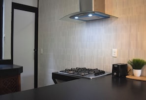 Eine Küche mit Gasherd, einer modernen Dunstabzugshaube, einem Blumentopf und einer Holz Arbeitsplatte.