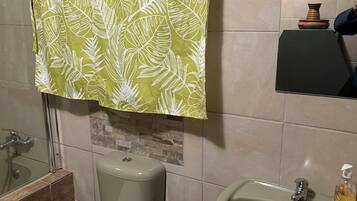 Un baño con inodoro, lavabo y zona de ducha.
