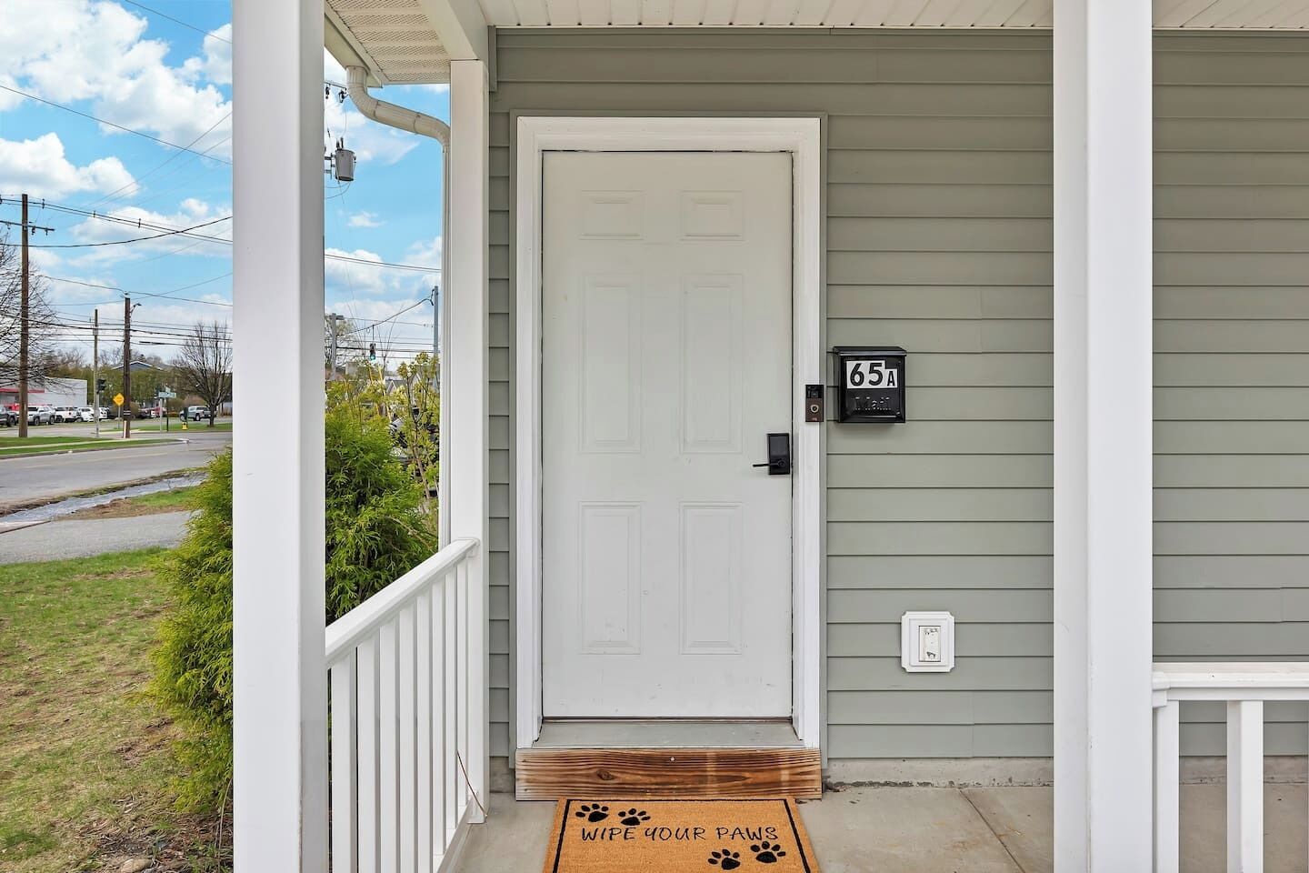 A house entrance with a white door, a mailbox, and a doormat with a paw print.
