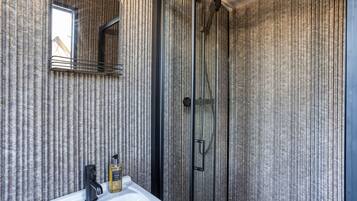 Une salle de bain avec une douche à parois de verre, un lavabo blanc et un miroir au-dessus du lavabo.