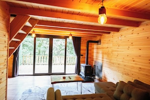 A cozy cabin interior with a fireplace, a table, and a sofa.