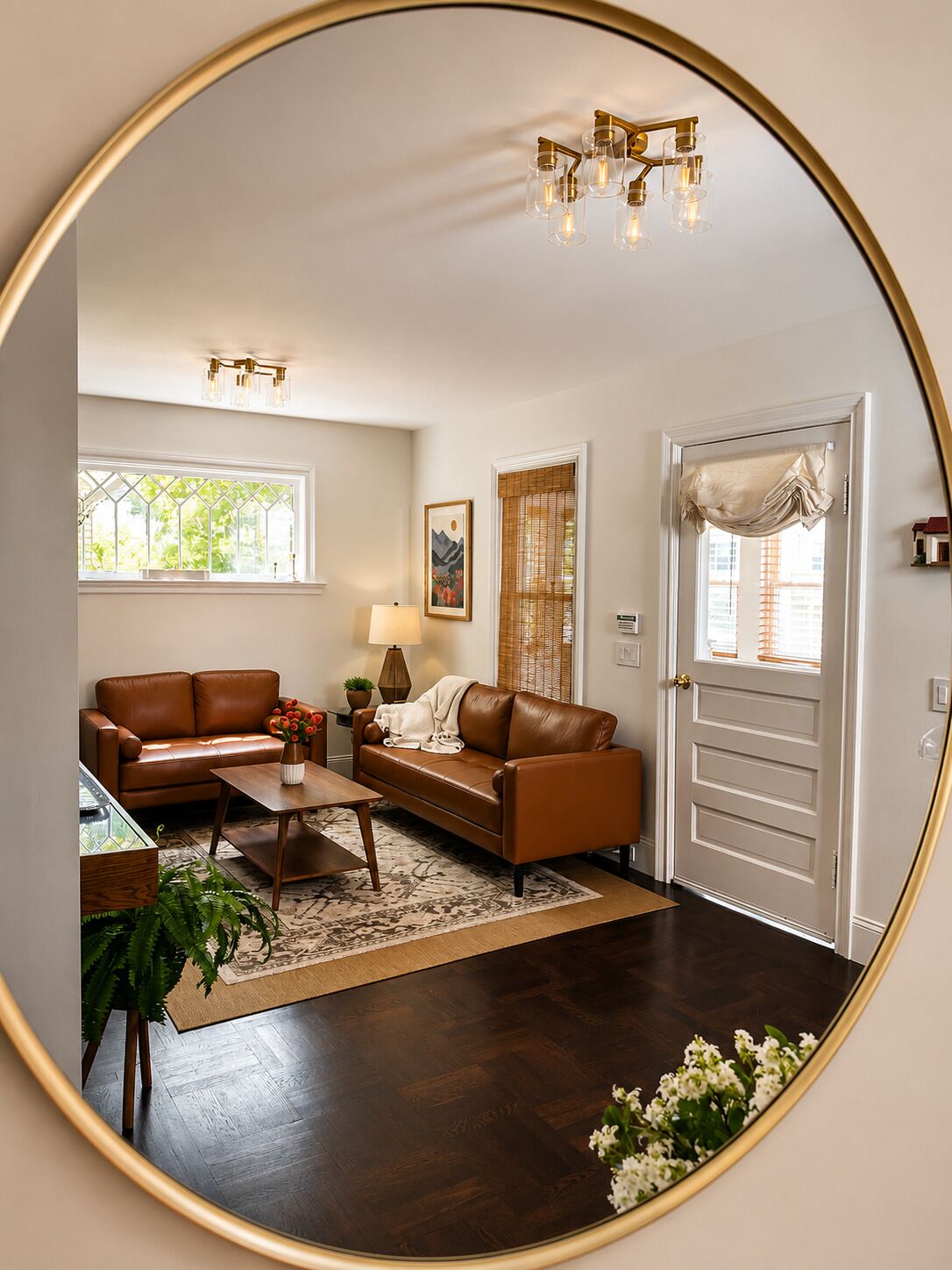 A living room with a brown leather sofa, a coffee table, and a lamp. There is a window with a view of greenery outside.