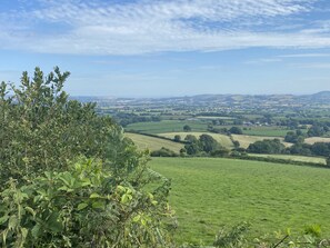 A rural landscape with rolling green fields and a distant village. - Coach House Retreat - Beaminster, Dorset (Beaminster)