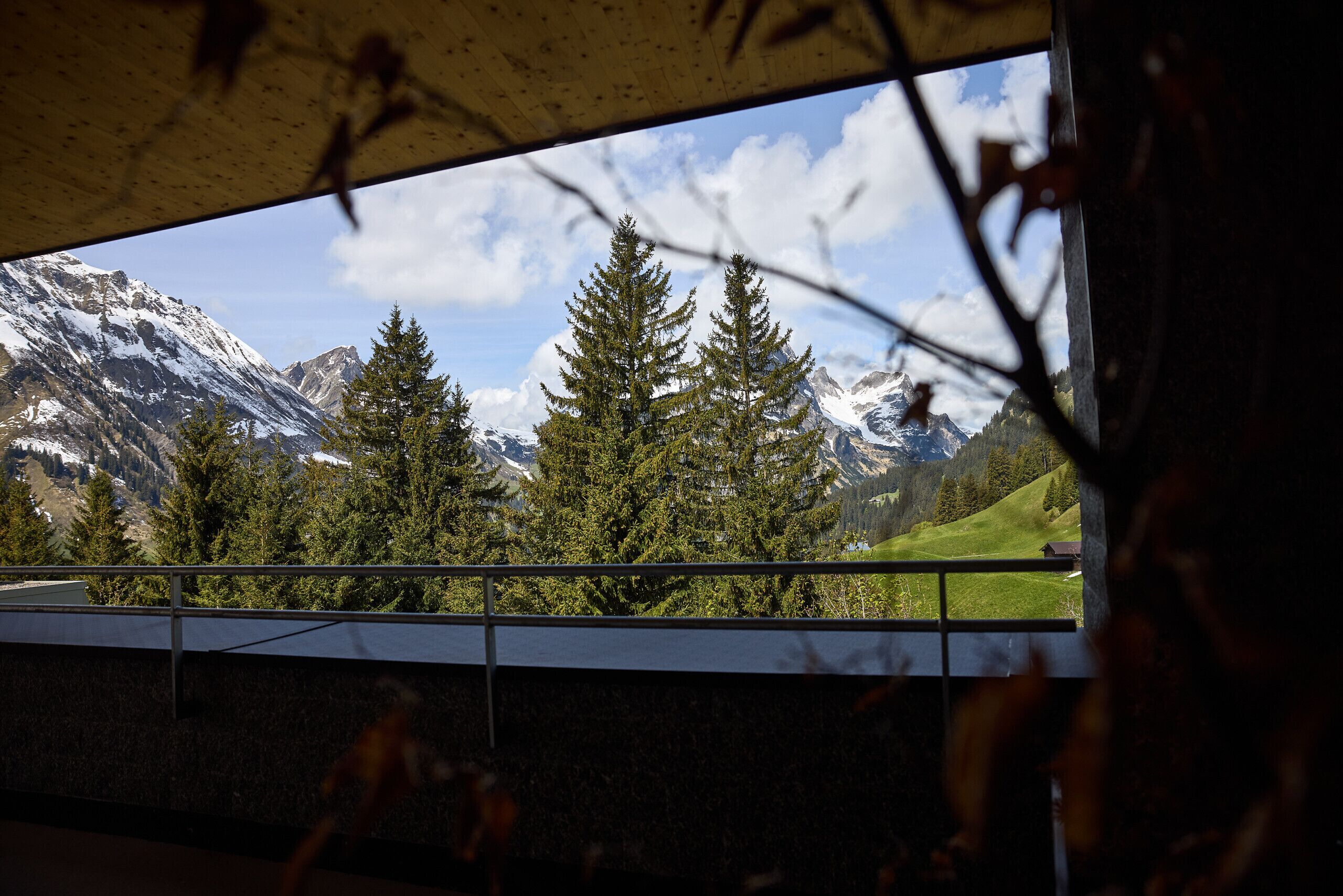A mountain view through a window with a railing, snow-capped peaks, and evergreen trees.