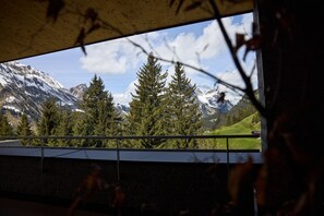 Une vue sur la montagne, aperçue à travers une fenêtre ornée d’une balustrade, avec des sommets enneigés et des arbres à feuilles persistantes.