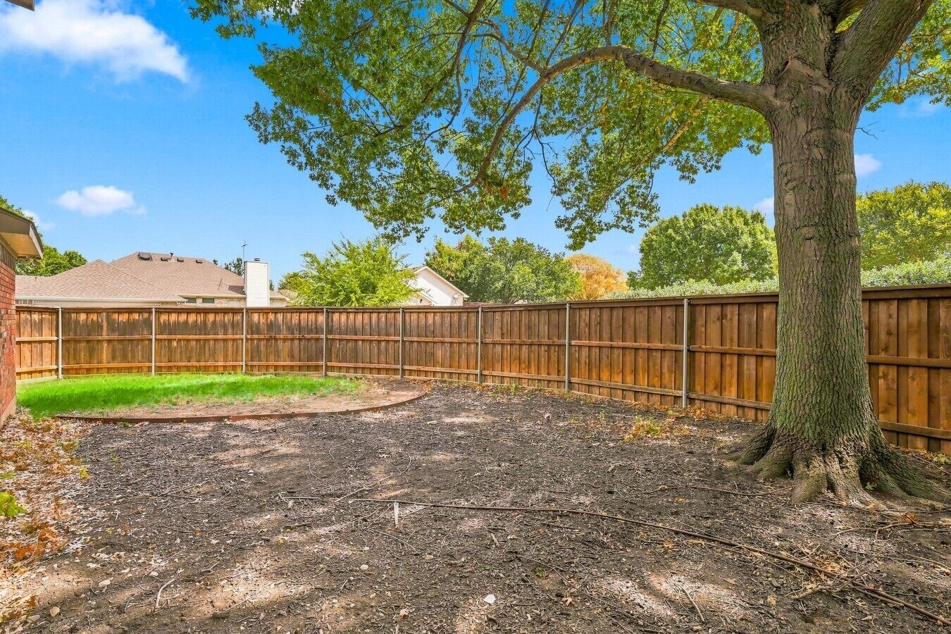 Ein Garten mit Holzzaun, Baum und einer mit Rindenmulch bedeckten Fläche.