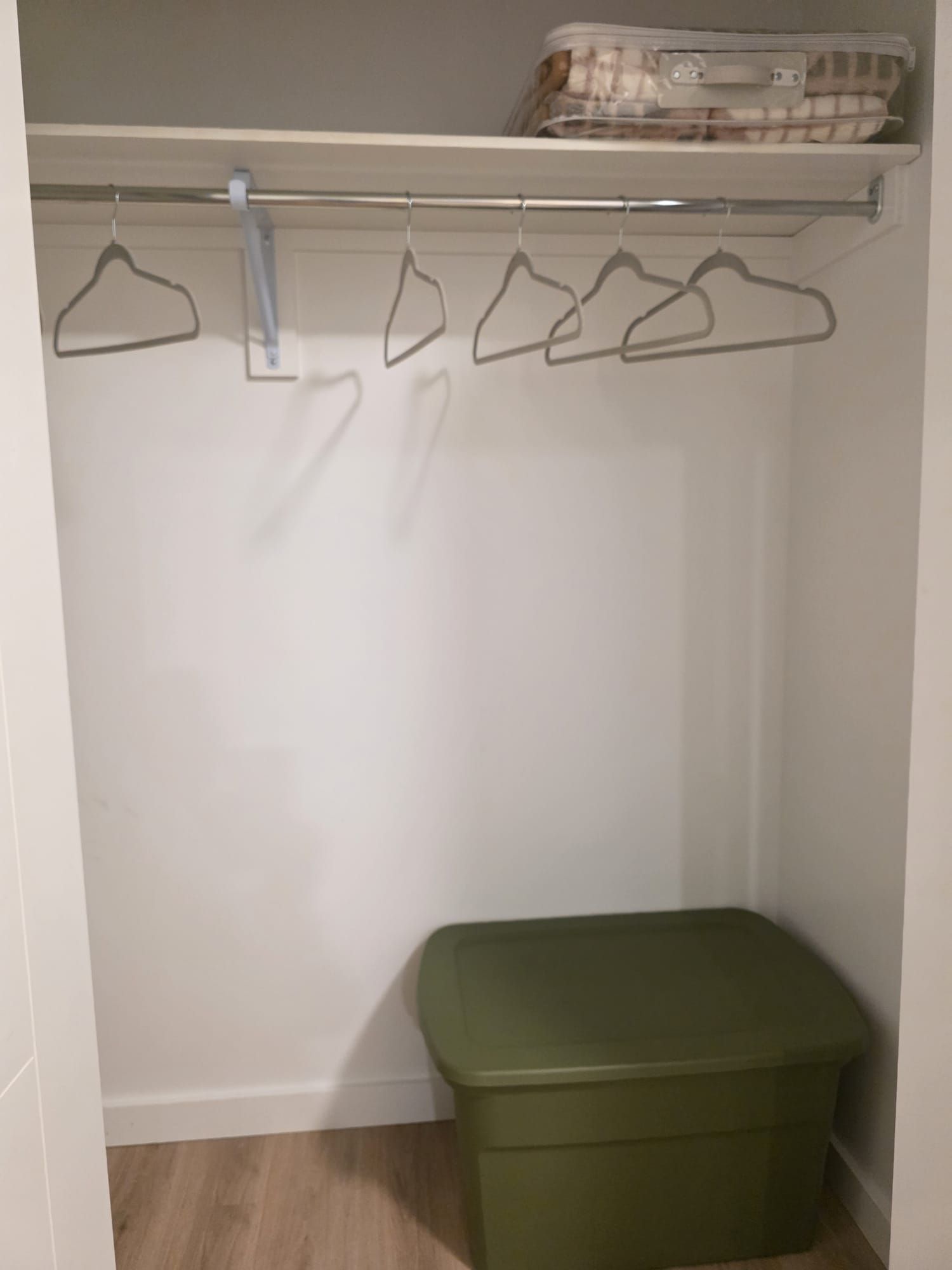A closet with a hanging rod and a green storage box.