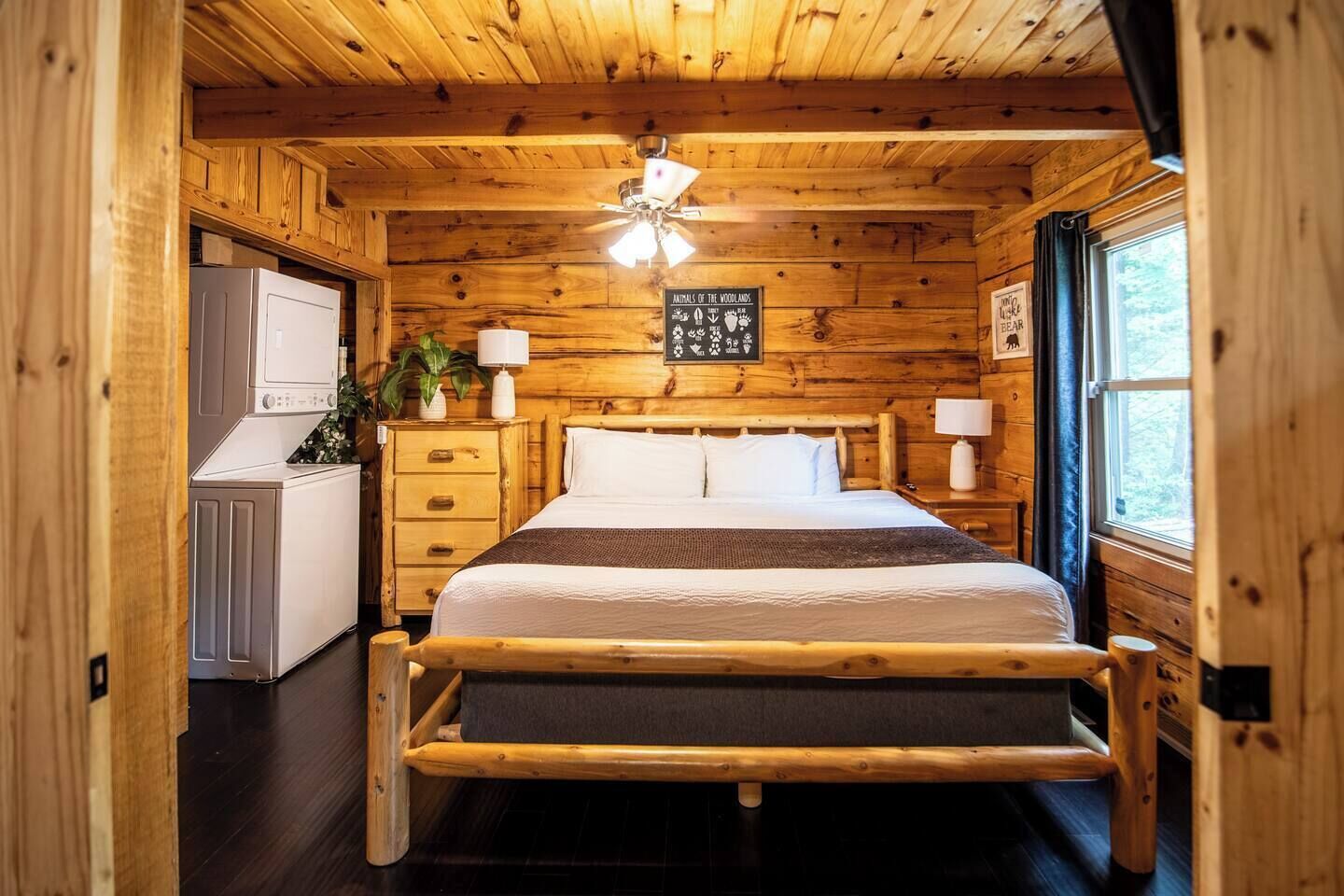 Interior de una cabaña de madera con cama, una kitchenette pequeña y un ventilador de techo.