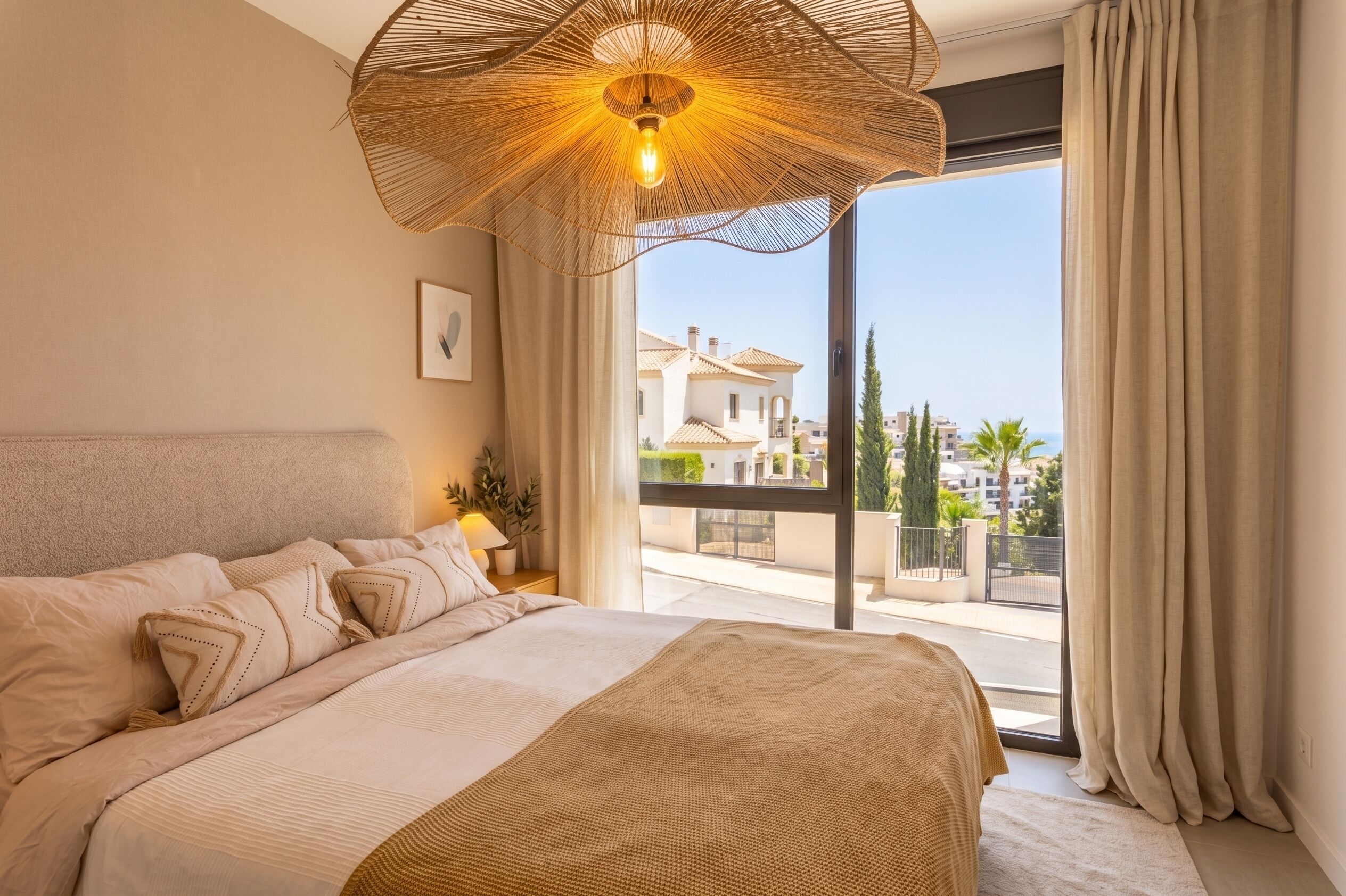 Un dormitorio con una cama grande, una lámpara colgante, vistas al exterior y una ventana con cortinas.
