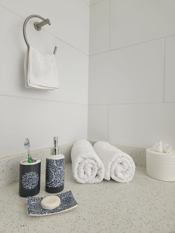 Une salle de bain équipée d’un porte-serviettes, d’un support à papier toilette, d’un savonnetteur et d’un porte-brosse à dents.