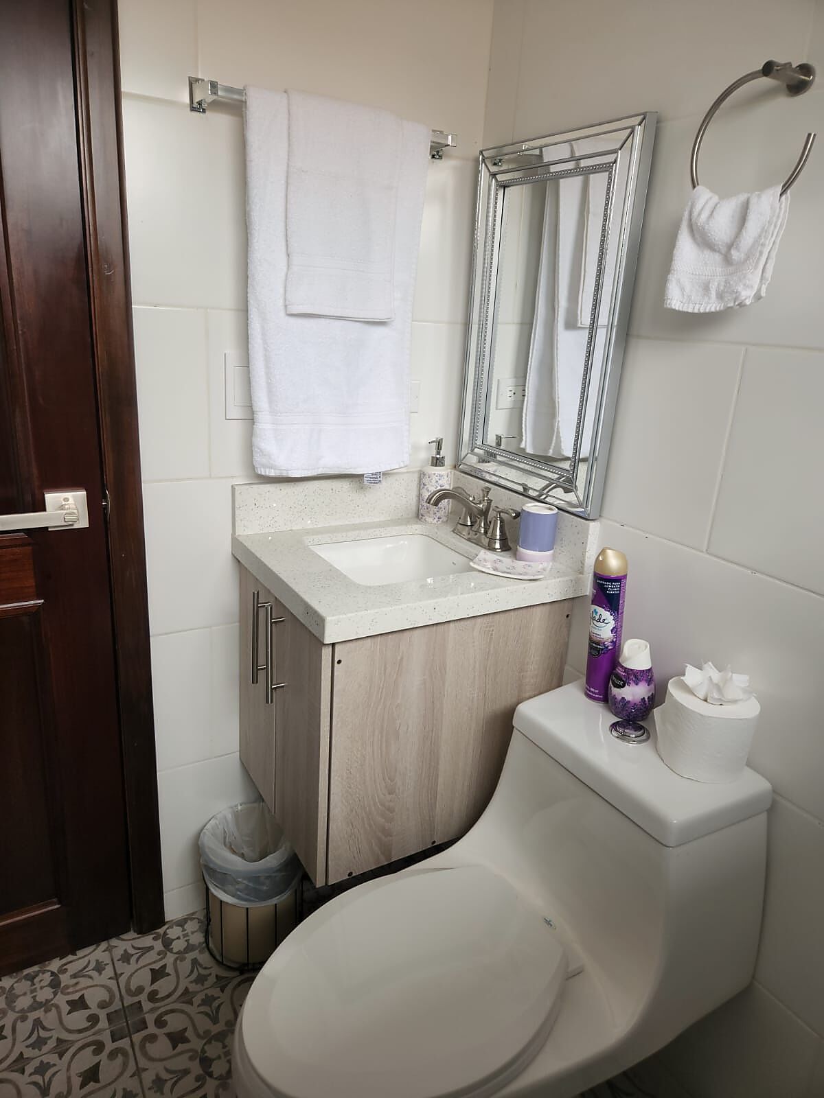 A bathroom with a toilet, sink, mirror, and towel rack.