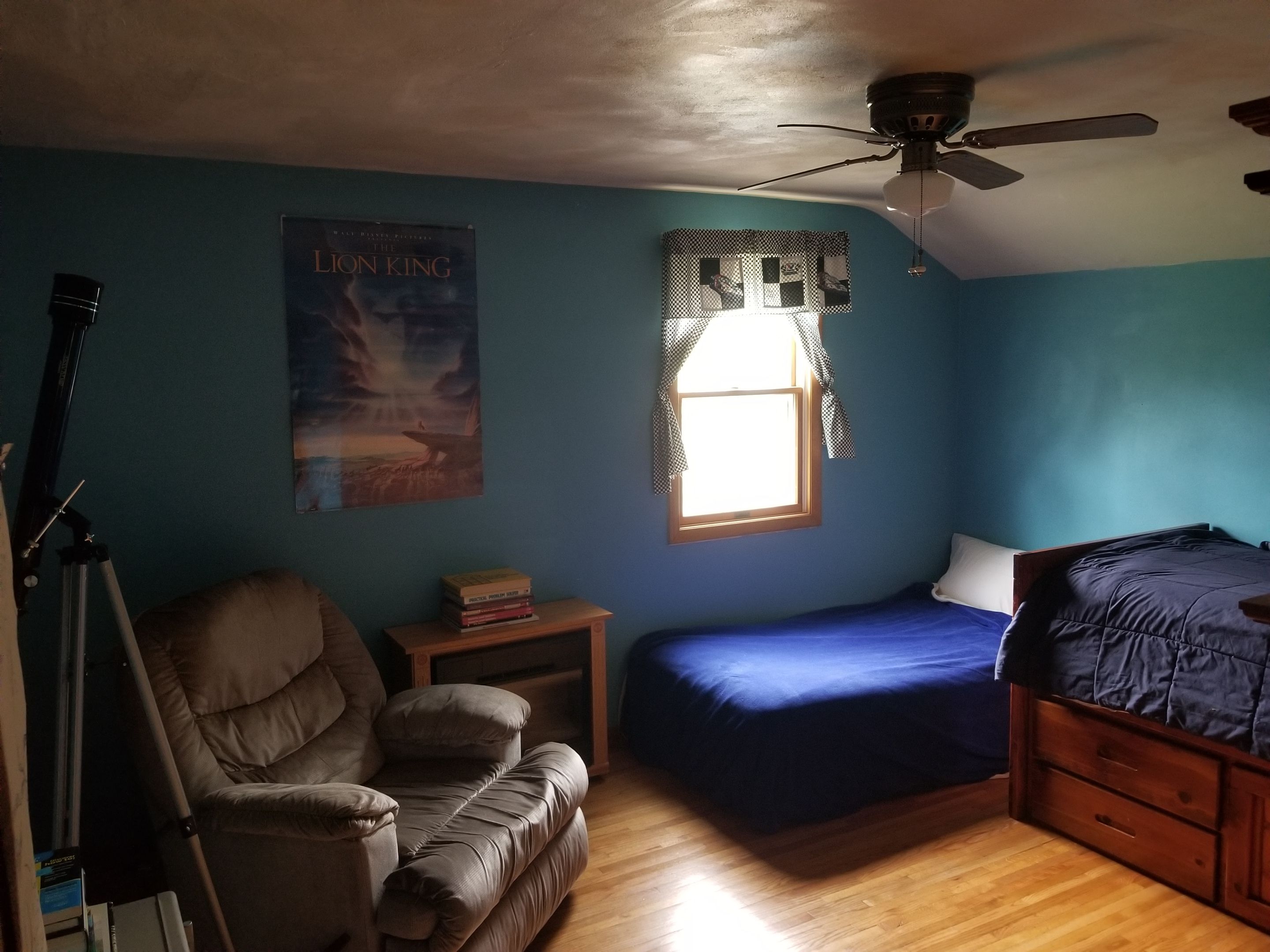 A room with a ceiling fan, a poster of 'The Lion King', a window with curtains, a bed, a chair, and a small table with books.