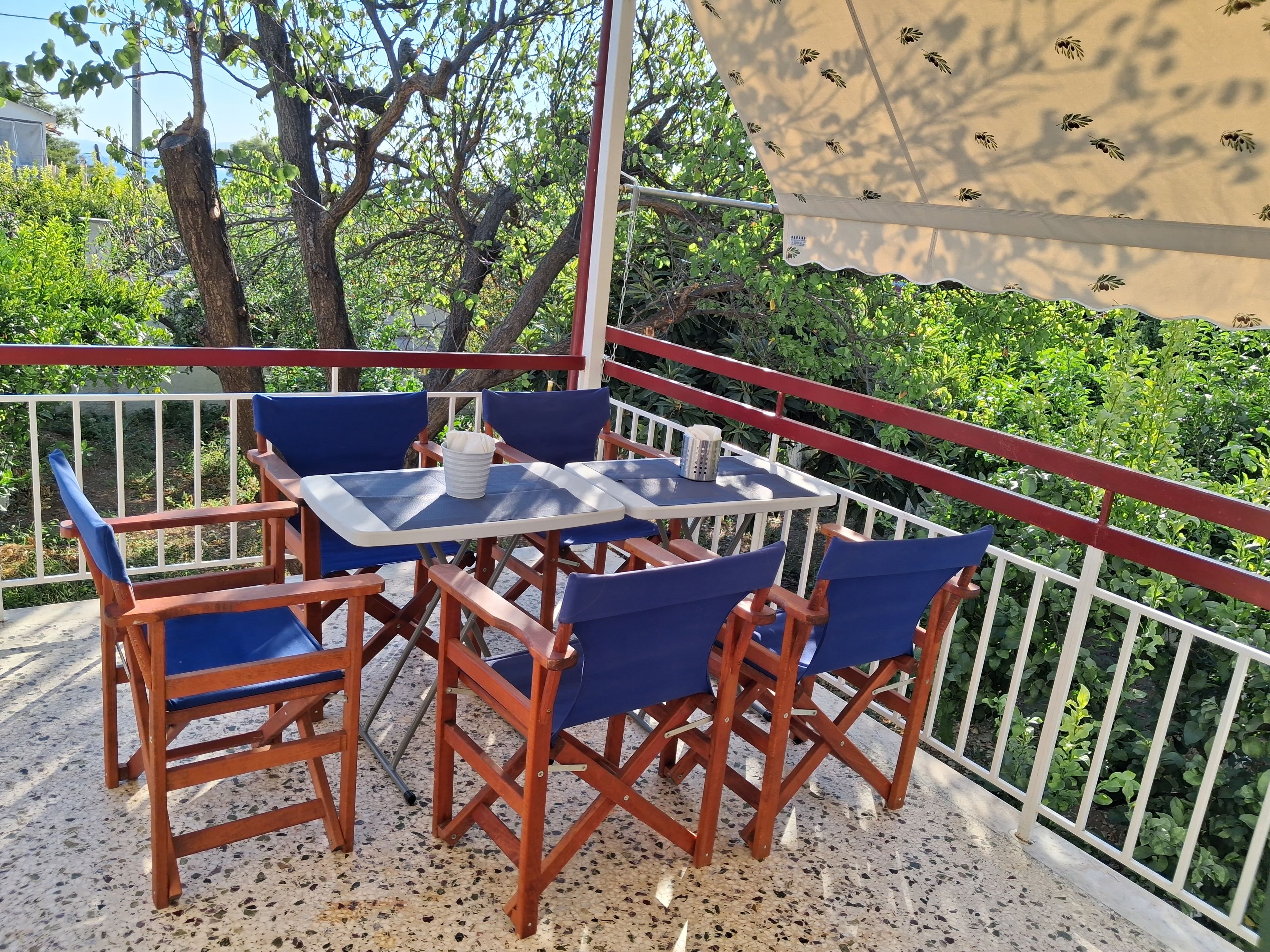 Varanda com mesa e cadeiras, cercada por vegetação e um corrimão branco.