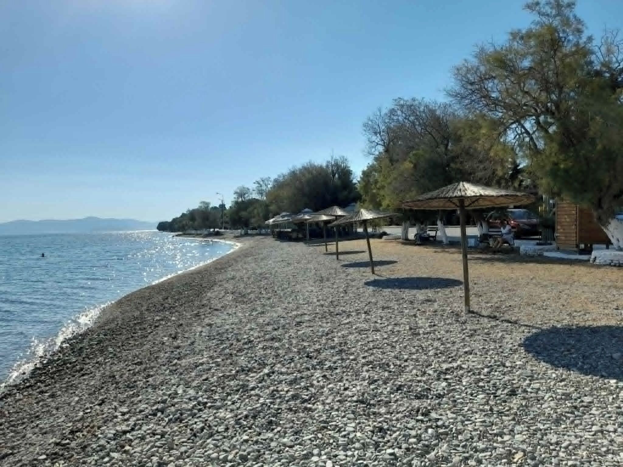 A pebbled beach with beach umbrellas and a clear view of the sea.