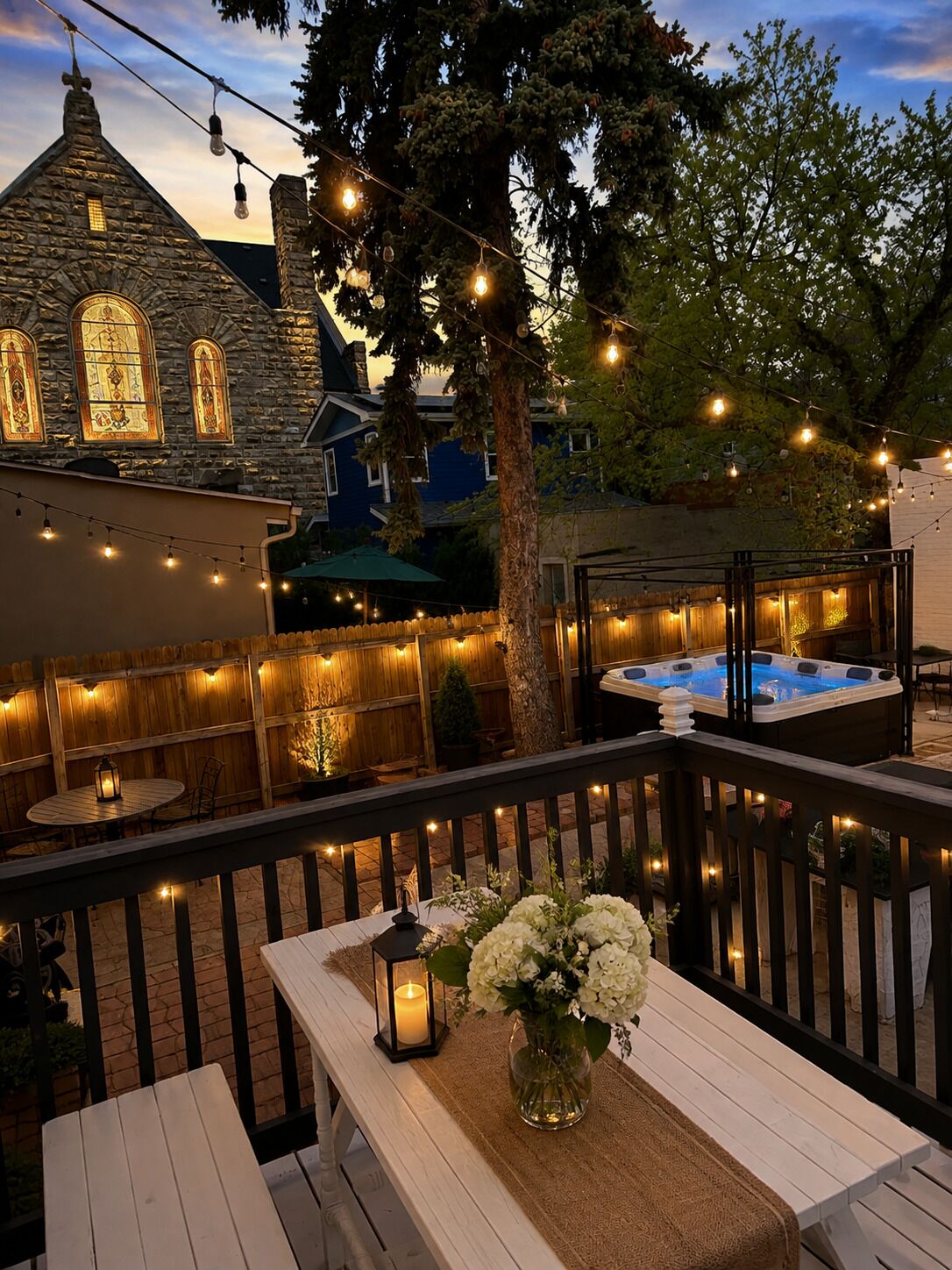 A wooden deck with a hot tub, string lights, and a stone building with stained glass windows.