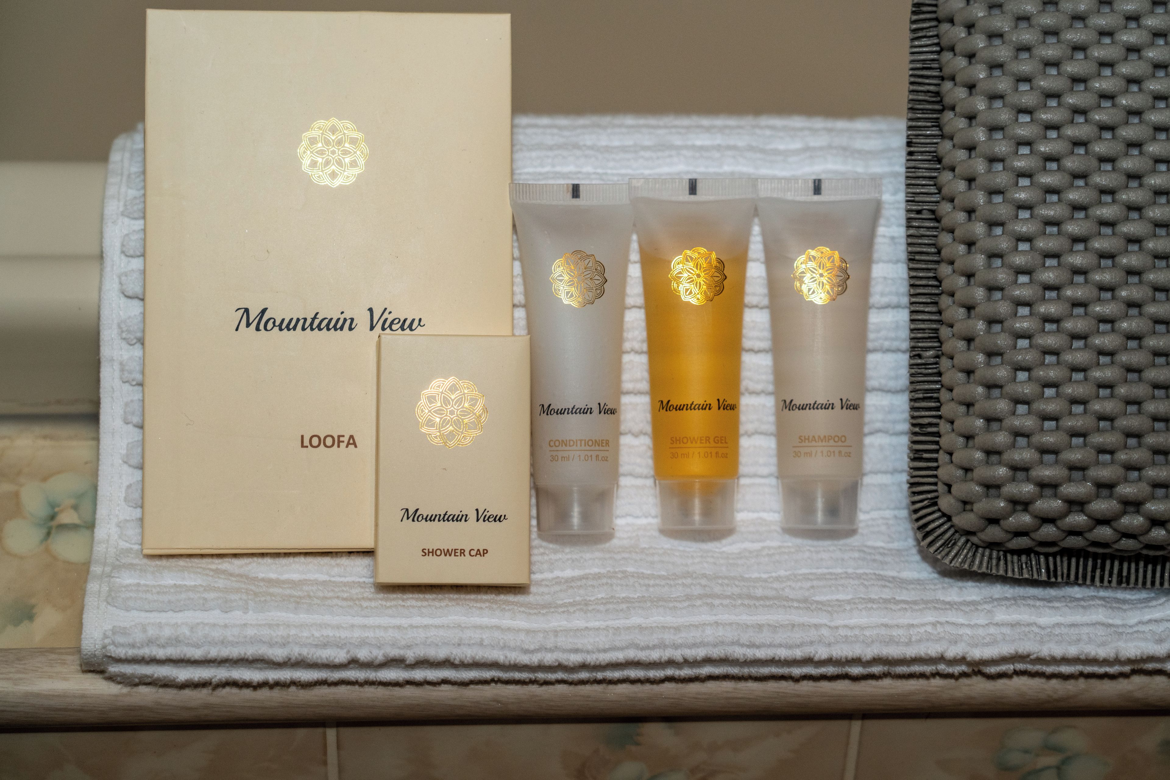 A bathroom with a shower cap, conditioner, shower gel, and shampoo from Mountain View.