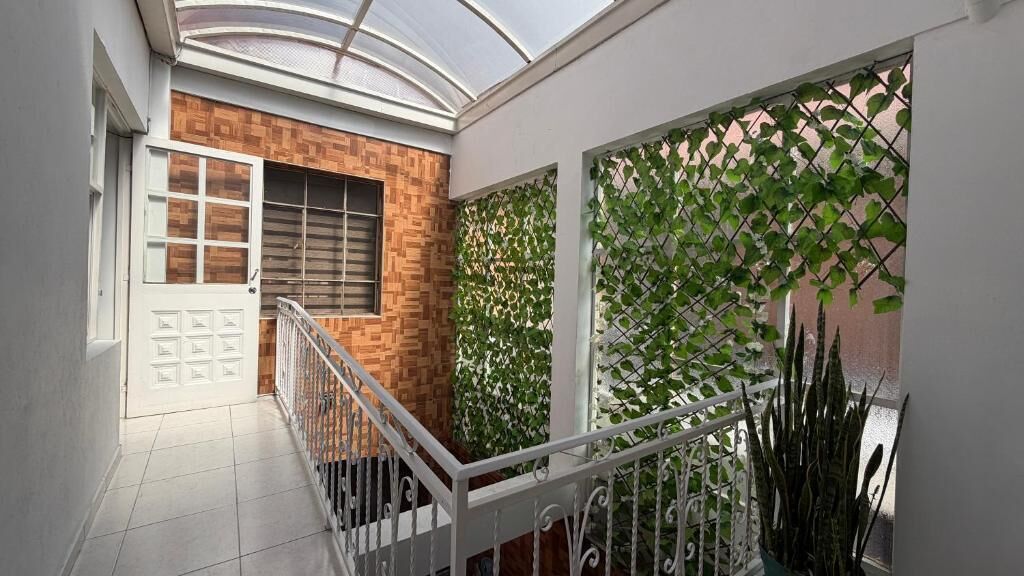 A modern interior with a staircase, a glass ceiling, and a wall with climbing plants.
