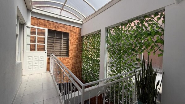 Un interior moderno con una escalera, techo de cristal y una pared cubierta de plantas trepadoras.