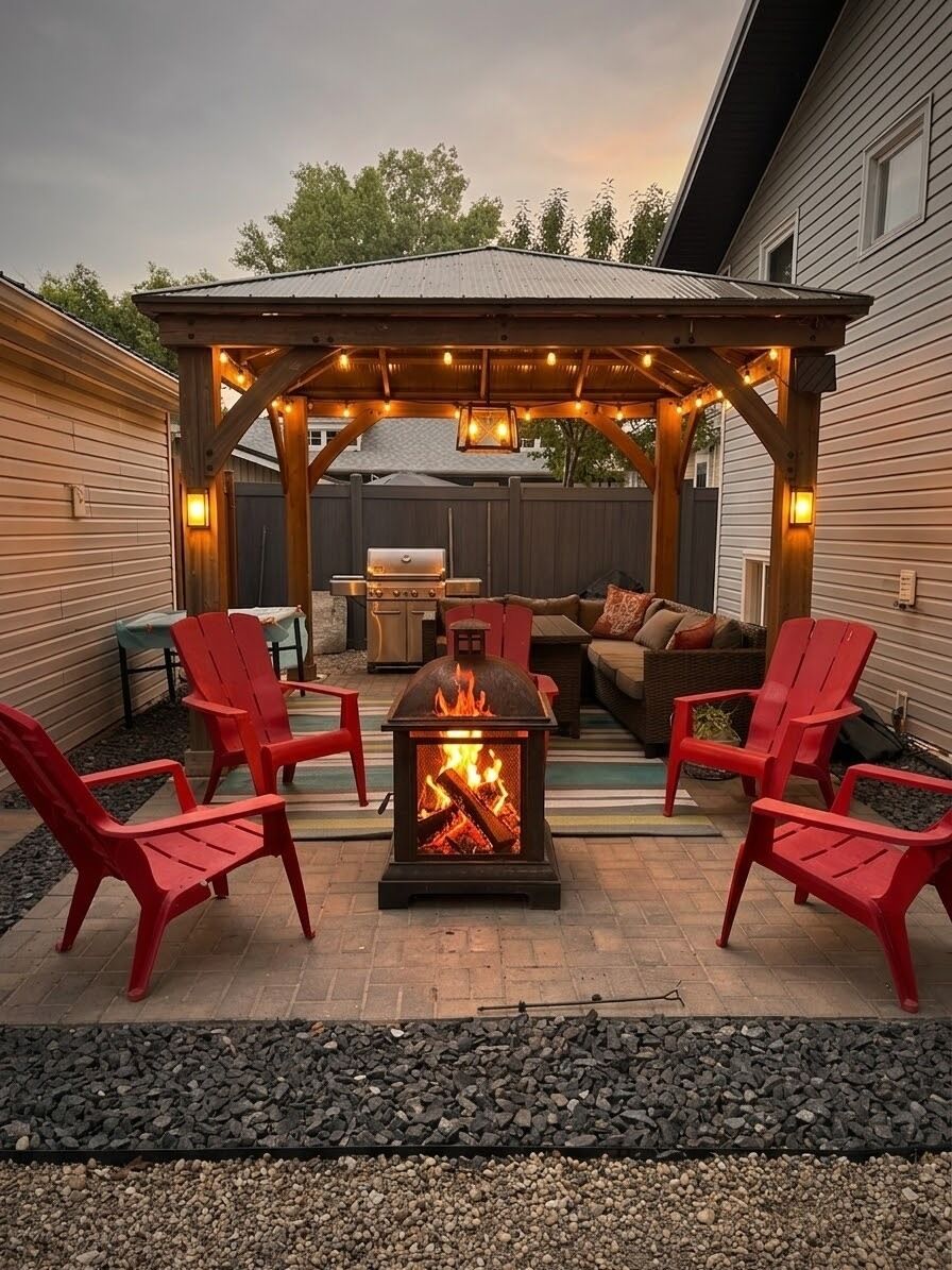 Une terrasse extérieure avec un foyer, des chaises rouges et un espace salon abrité.