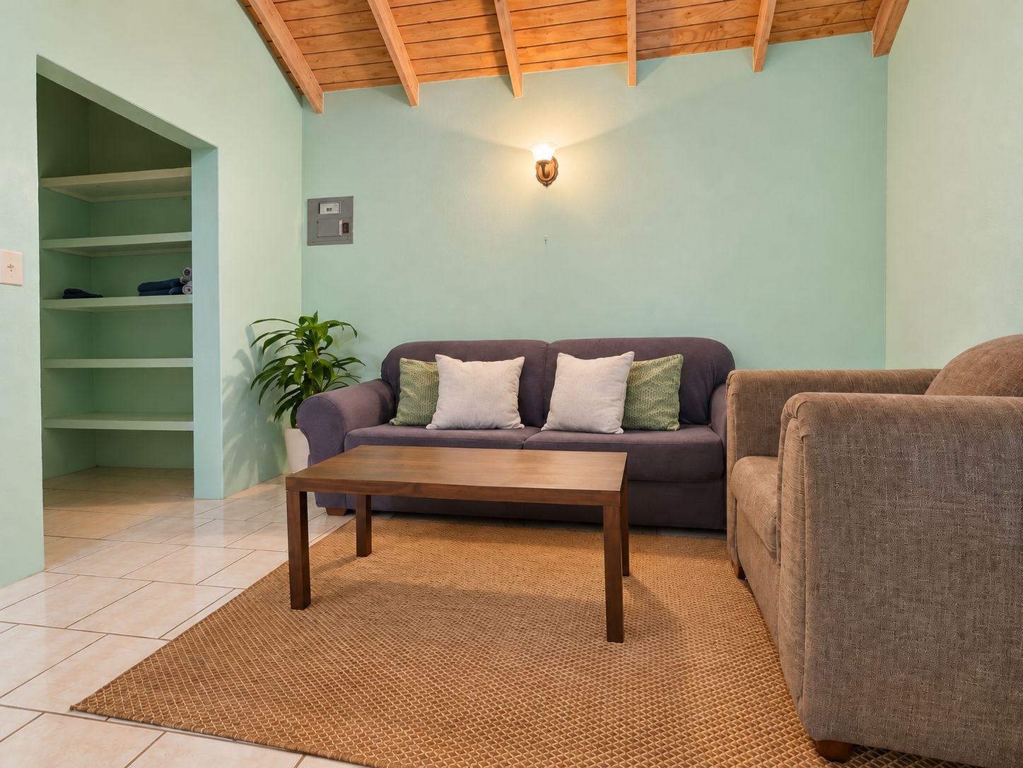 Una sala de estar con un sofá, una mesa de centro, una planta en maceta y un aplique de pared.