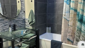 Hair dryer, bidet, towels, soap