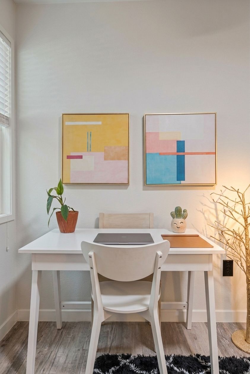 A minimalist room with a white desk, two framed abstract paintings, a potted plant, a cactus, and a small wooden table.