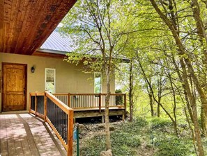 A wooden deck with a railing, a door, and a view of a forested area. - Full Cabin Near Yellowstone & Teton National Parks (Ashton)