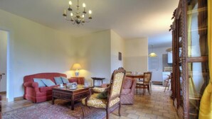 A living room with a red sofa, a patterned rug, a wooden coffee table, and a chandelier. - The Cottage - ANDERT AND CONDON (ANDERT ET CONDON)