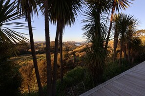 A wooden deck overlooking a landscape with palm trees and a distant body of water.