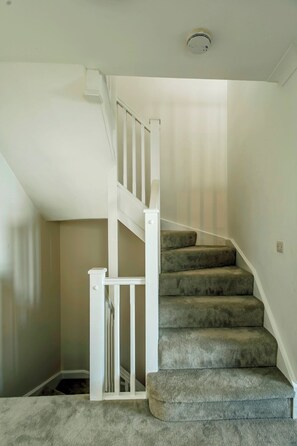 Eine Treppe mit weißer Handläufe und Teppichstufen, die zu einer Fläche führen.