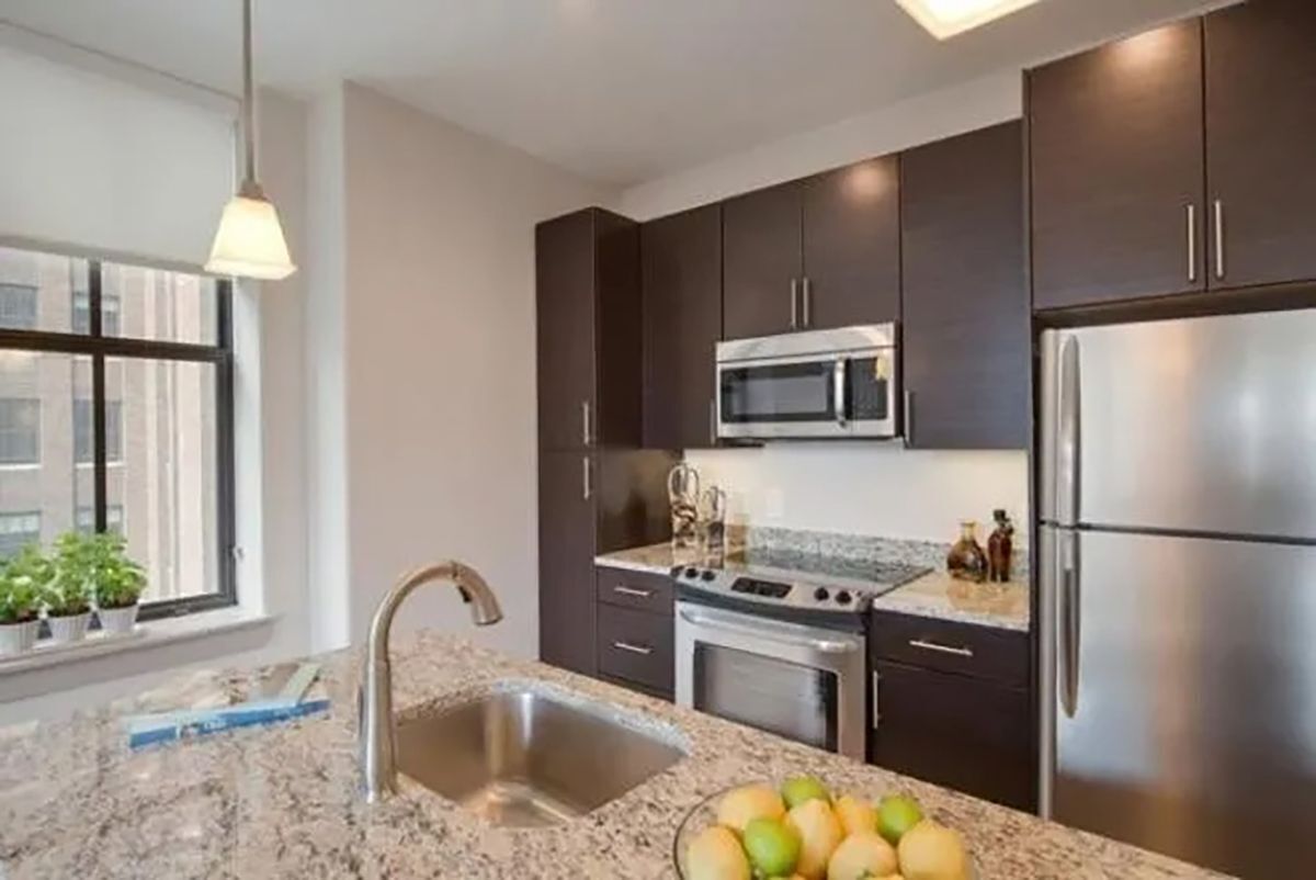 A modern kitchen with dark cabinets, stainless steel appliances, a granite countertop, and a window with plants.