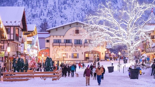Una plaza nevada en el centro del pueblo, con edificios y un gran árbol adornado con luces.