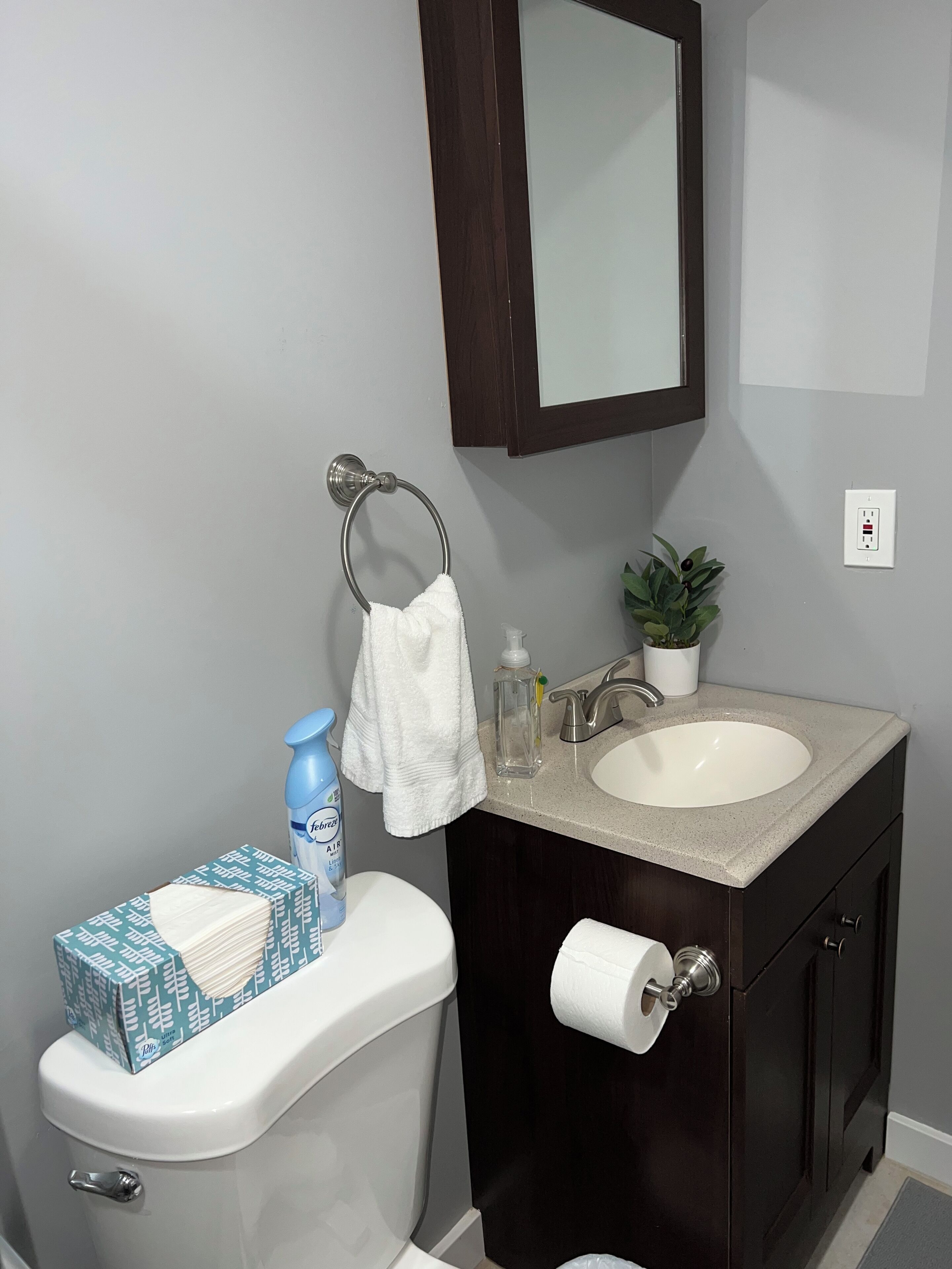 Une salle de bain avec des toilettes, un lavabo et un miroir.