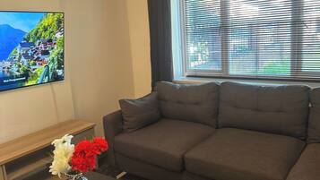 A living room with a sofa, a coffee table with a vase of flowers, a remote control, and a television displaying a scenic image.