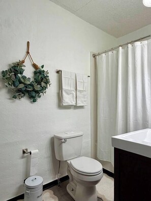 Secador de cabelo, toalhas de banho, sabonete, papel higiênico