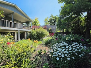 A residential property with a covered porch, a garden with various flowers, and a wooden fence.