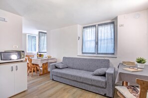 Ein kompakter Wohnraum mit Küchenzeile, Essbereich und einer Sitzecke inklusive Sofa und Tisch.