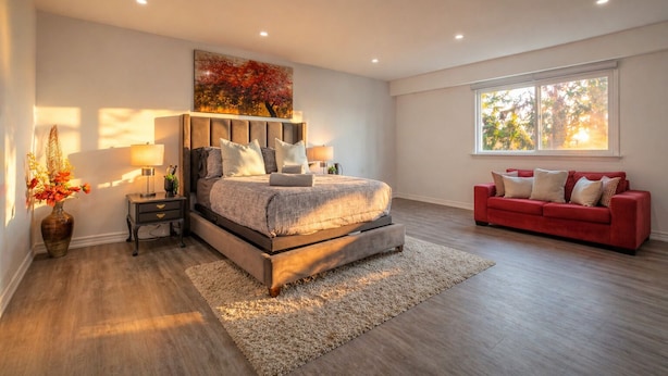 Un dormitorio con una cama grande, un sofá rojo, una ventana con vistas y un cuadro en la pared.
