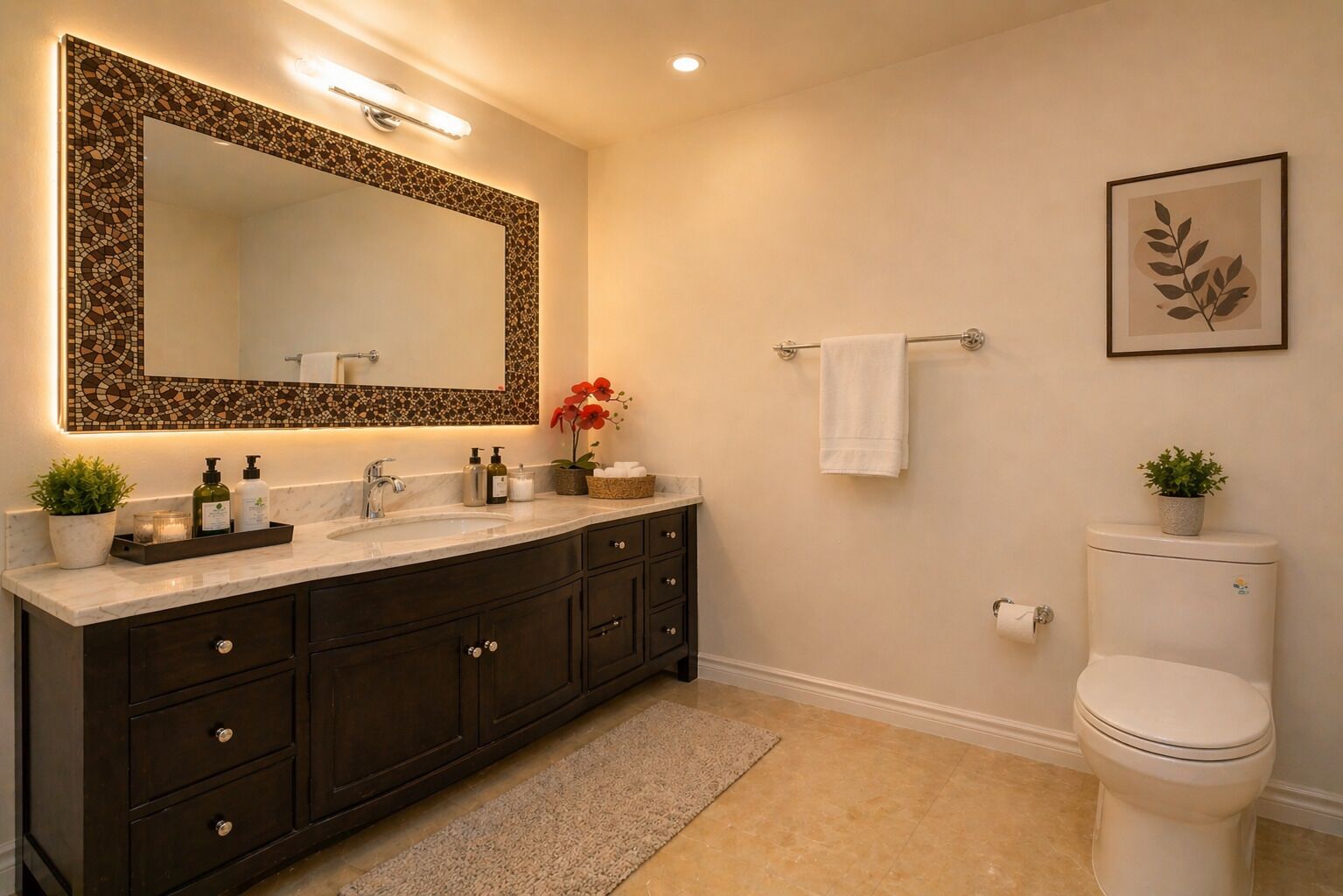 A bathroom with a dark wooden vanity, a white sink, a large mirror with a mosaic frame, a toilet, and a small potted plant.