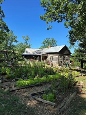 A rustic log cabin with a metal roof, surrounded by a garden with various plants and a wooden fence.