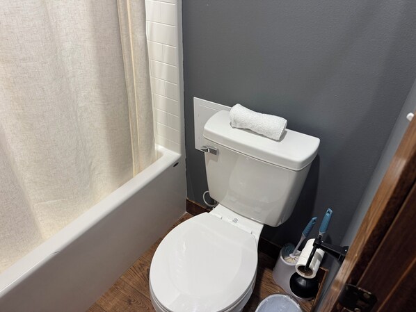 Un baño pequeño con inodoro blanco, cortina de ducha y cepillo de baño.