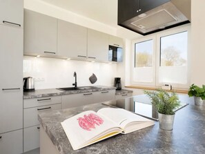 A modern kitchen with white cabinets, a granite countertop, a coffee machine, and a potted plant. - Reiterhof Rickert Glücksklee by Interhome (Bannesdorf)